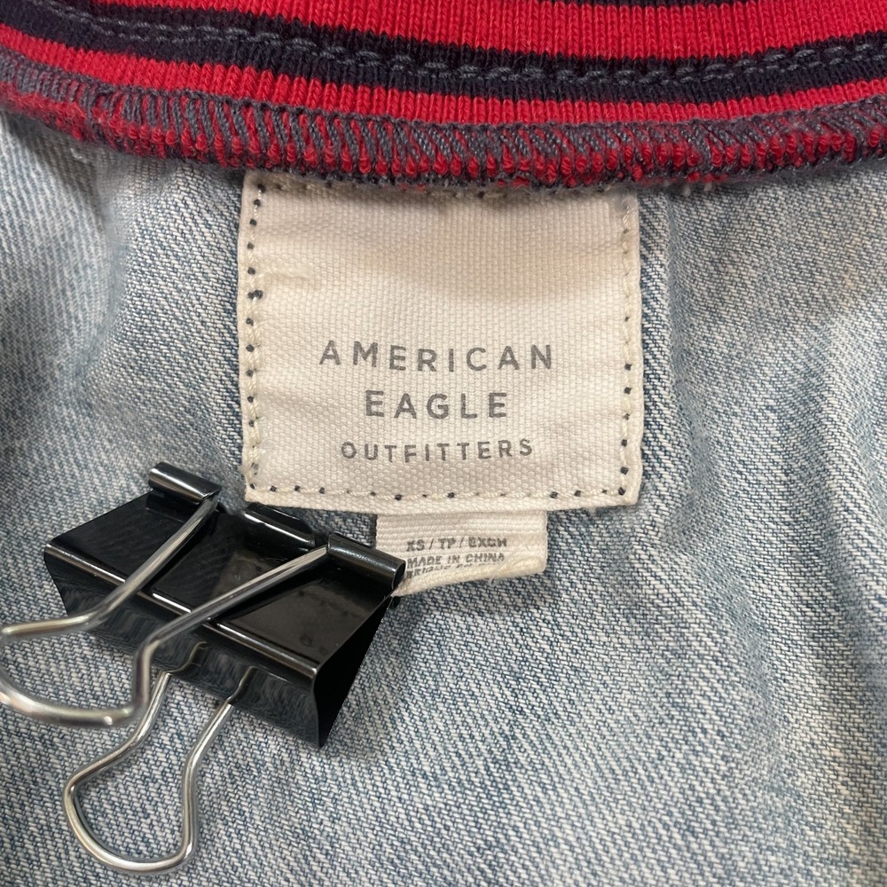 American Eagle Denim Bomber Jacket Size Small Striped Chambray Lightweight Layer - Picture 7 of 10